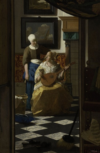 Jan Vermeer, The Love Letter, c.1669-70 (oil on canvas) (Wunschgröße, Malerei, Klassiker, Interieur, Lautenspielerin, Liebesbrief,  Genremalerei, Barock, Niederlande, goldenes Zeitalter, Wohnzimmer, bunt)