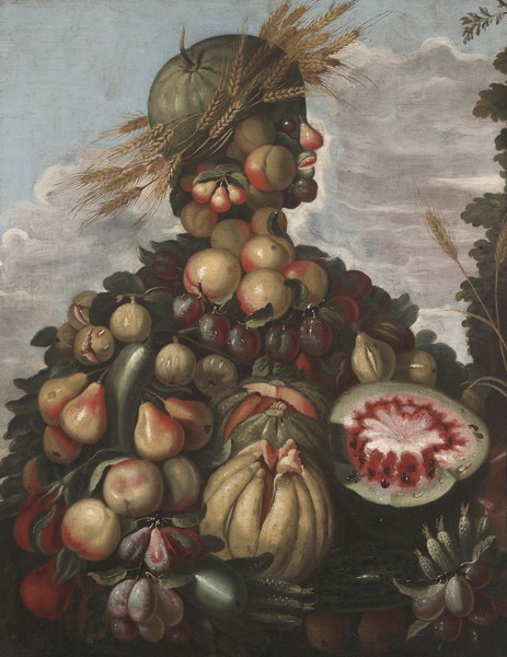 Giuseppe Arcimboldo, Autumn, c.1580-1600 (oil on canvas) (Wunschgröße, Büste, Obst, Frühte, Kürbis, Gemüse, Ähren, Ernte, floral, Jahreszeit, Herst, Personifizierung, bizarr, Manierismus, Allegorie, Figurativ, Klassiker, Wohnzimmer, Esszimmer, bunt)