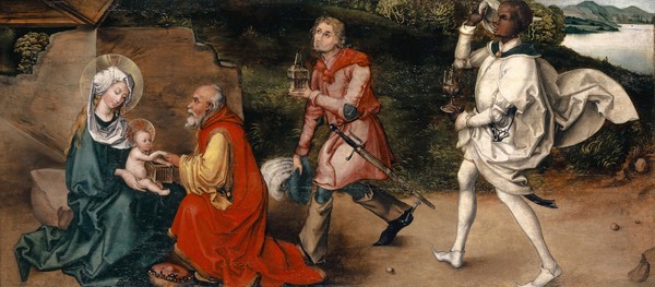 ALBRECHT Dürer, Adoration of the Magi, c.1492-94 (mixed media on fir) (Anbetung, Heilige drei Könige, Heilige Familie, Stall, Religiös, Klassiker, Alte Meister, Wohnzimmer, Treppenhaus, Renaissance, Wunschgröße, Malerei, bunt)