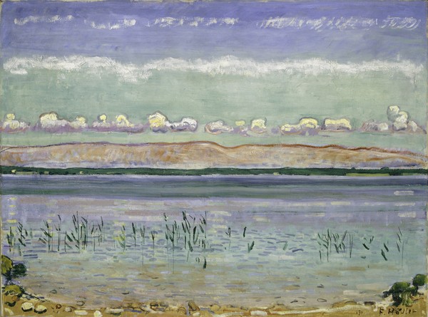 Ferdinand Hodler, Lake Geneva with Jura Hills, 1911 (oil on canvas) (Wunschgröße, Malerei, See, Genfer See, Schweiz, Jugendstil, Landschaftsmalerei, Wolken, Berge, Natur, Panorama, Bergsee, Wohnzimmer, Schlafzimmer, Arztpraxis, Wunschgröße, bunt)