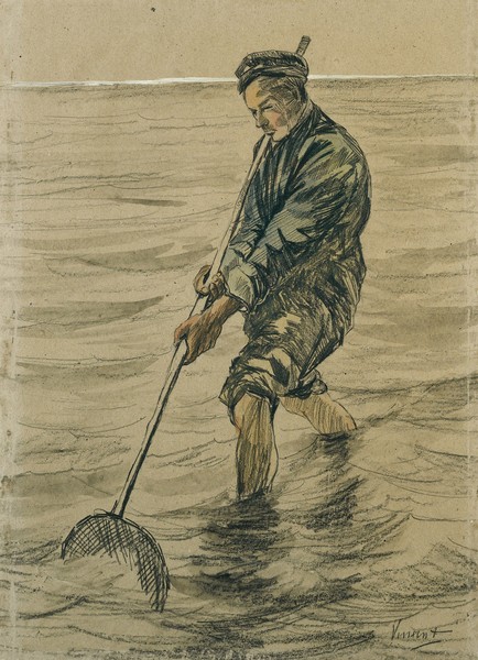 Jozef Israels, Shells Fisherman, 1863-90 (pencil and chalk) (Jozef Israëls, Fischer, Fischernetz, Meer, Meeresbrise, Genre, Klassiker, Den Haager Schule, Wohnzimmer, Treppenhaus, Wunschgröße, Zeichnung, bunt)