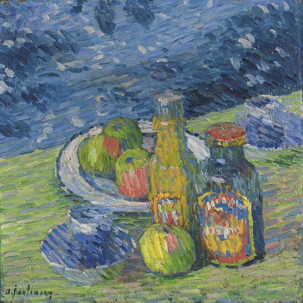 Alexej von Jawlensky, Still Life with Bottles and Fruit, 1900 (oil on canvas) (Stillleben, Obsttellr, Flaschen, Expressionismus, Klassische Moderne, Malerei, Wohnzimmer, Treppenhaus, Wunschgröße, bunt)