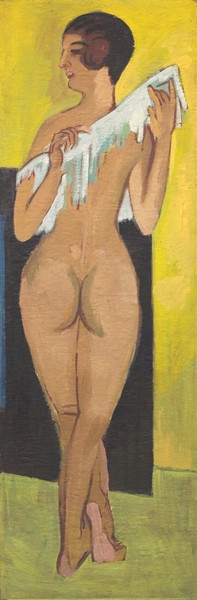 Ernst Ludwig Kirchner, Nude Figure, 1907 (oil on canvas) (aktmalerei, nackte Frau, falsche Anatomie, Expressionismus, Klassische Moderne, Malerei, Wohnzimmer, Treppenhaus, Wunschgröße, bunt)
