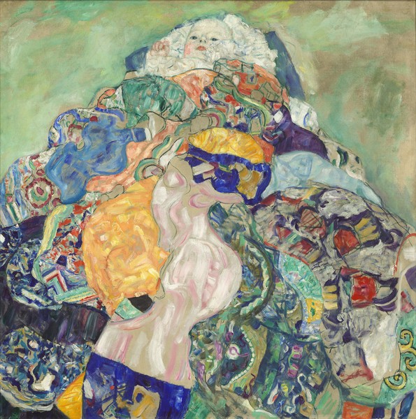 Gustav Klimt, Baby (Cradle), 1917-18 (oil on canvas) (Klassische Moderne,dekorativ, Jugendstil, Baby, Wiege, Decken, aufgetürmt, Ornamente, Wohnzimmer, Treppenhaus,  Malerei, Wunschgröße, bunt)