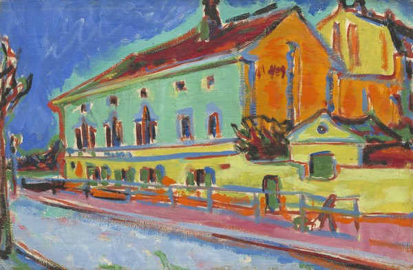 Ernst Ludwig Kirchner, Dance Hall Bellevue, 1909-10 (oil on canvas) (Tanzhaus, Gebäude, Architektur, Haus, Expressionismus, Die Brücke,Klassische Moderne, Malerei, Wohnzimmer, Treppenhaus, Wunschgröße, bunt)