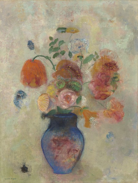 Odilon Redon, Large Vase with Flowers, c.1912 (oil on canvas) (Postimpressionismus, Stillleben, Blumenvase, Blüten, Blumen, Sommerblumen, floral, Klassiker, Malerei, Wohnzimmer, Esszimmer, Treppenhaus, Wunschgröße, bunt)