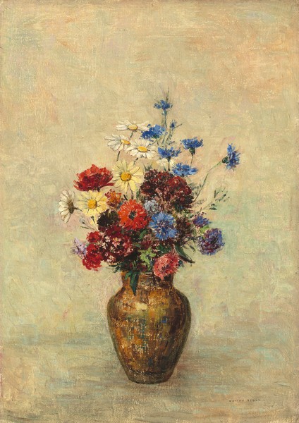 Odilon Redon, Flowers in a Vase, c.1910 (oil on canvas) (Postimpressionismus, Stillleben, Blumenvase, Blüten, Blumen, Sommerblumen, floral, Klassiker, Malerei, Wohnzimmer, Esszimmer, Treppenhaus, Wunschgröße, bunt)