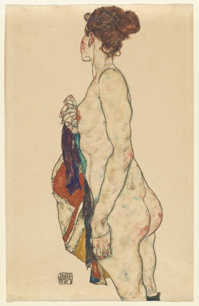 Egon Schiele, Standing Nude with a Patterned Robe, 1917 (gouache and black crayon on buff paper)