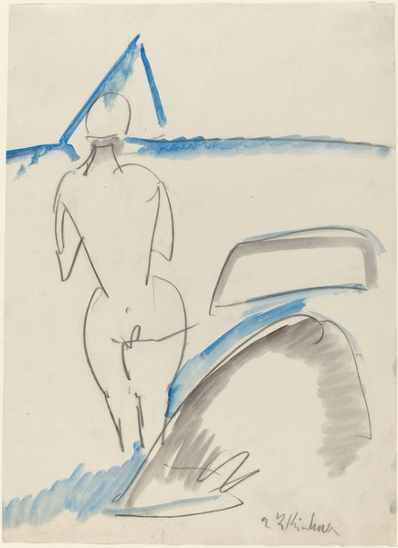 Ernst Ludwig Kirchner, Bather on the Beach, 1912-13 (black crayon with blue and gray wash) (Frau, Wasser, Bad, Rückenakt, Expressionismus, Die Brücke,Klassische Moderne, Zeichnung, Skizze, Wohnzimmer, Treppenhaus, Wunschgröße, bunt)