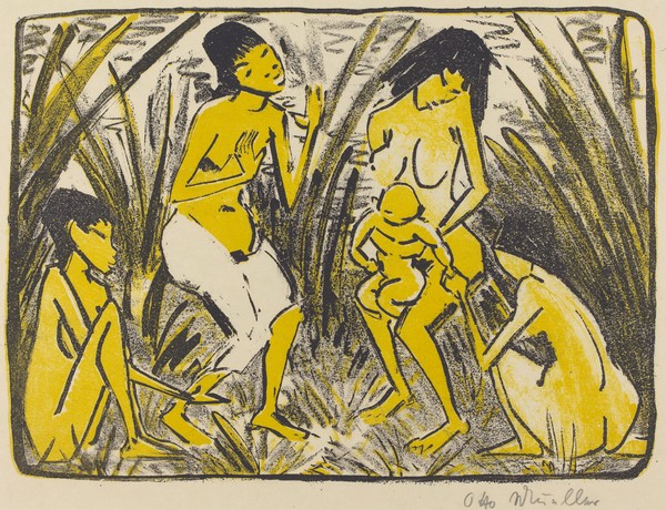 Otto Mueller, Finding of Moses (Auffindung des Moses), c.1920 (lithograph in black and gold) (Aktmalerei, Frauen, nackt, Schilf, Fluss, Moses, Baby, religiös, Expressionismus, Malerei, Wunschgröße, Wohnzimmer, bunt)