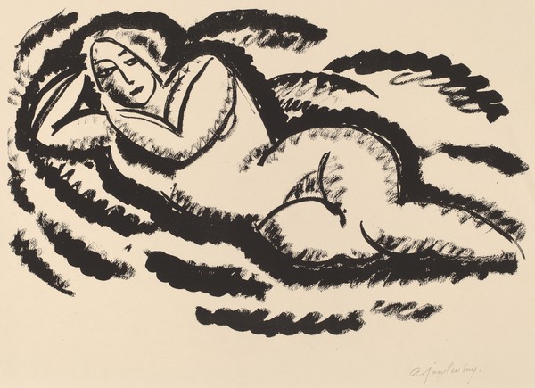 Alexej von Jawlensky, Reclining Nude, c.1912 (lithograph in black on laid paper) (Klassische Moderne,  Expressionismus, Aktmalerei, Grafik, liegende Frau,   Wohnzimmer, Schlafzimmer, Wunschgröße, schwarz/weiß)