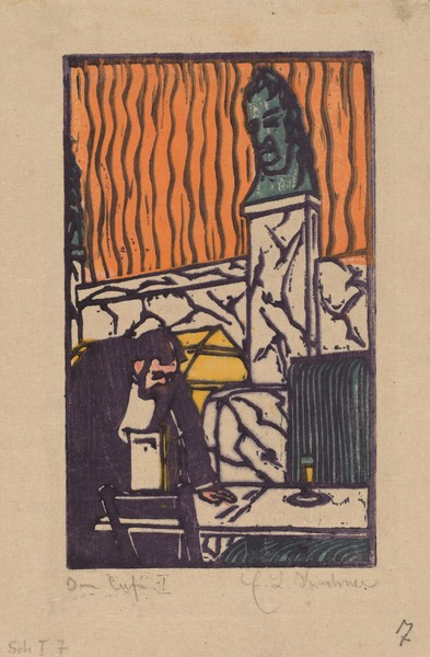 Ernst Ludwig Kirchner, Head Waiter in cafe, 1904 (color woodcut in violet, orange, yellow and green)