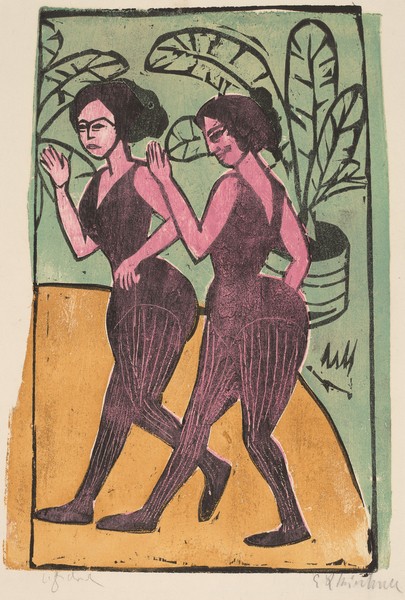 Ernst Ludwig Kirchner, English Step Dancers, 1911 (colour woodcut printed in black, yellow, green, and pink on blotting paper)