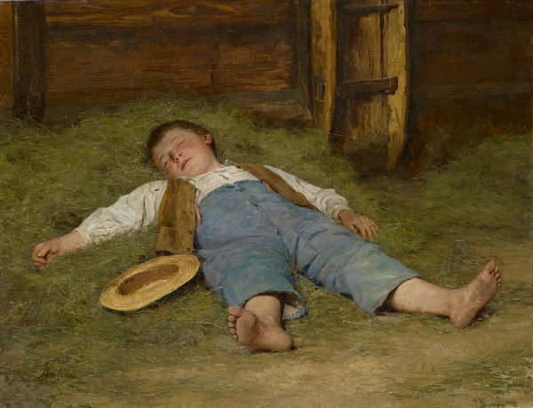 Albert Anker, Boy Asleep in the Hay, 1891-97 (oil on canvas) (Genreszene, Kind, Knabe, schlafend, Heu, Sommer, müde, Wunschgröße, Malerei, Wohnzimmer, bunt)