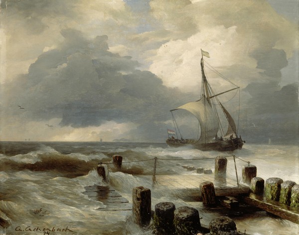 Andreas Achenbach, Seascape, 1894 (oil on wood) (Seestück, Meer, Wellen, Segelboot, Unwetter, Küste, Strand, Meeresbrise, Malerei, Wunschgröße, Wohnzimmer, bunt)