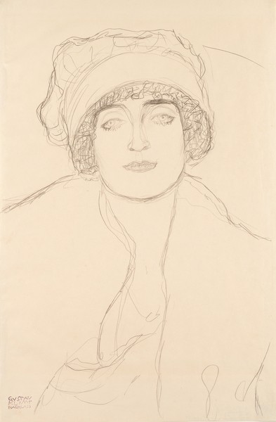 Gustav Klimt, Portrait in a Hat, 1917-118 (pencil on paper) (Klassische Moderne,Zeichnung,   Jugendstil, Eros&People, Frau, Portrait, Hut, Mütze Wohnzimmer, Treppenhaus, Schlafzimmer, Wunschgröße, schwarz/weiß)