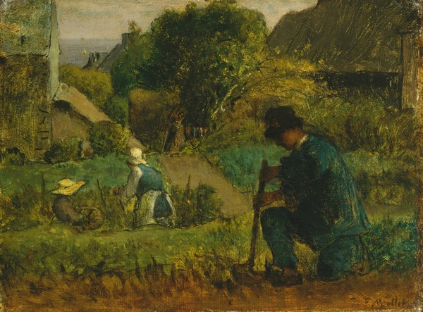 Jean-Francois Millet, Garden Scene, 1854 (oil on canvas) (Garten, Gartenszene, Gartenarbeit, Gärtnern, Realismus, Malerei, Wohnzimmer, Klassiker, Wunschgröße, bunt)