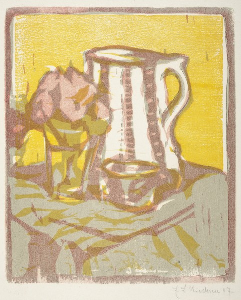 Ernst Ludwig Kirchner, Still life with pitcher and flowers, 1907 (woodcut)