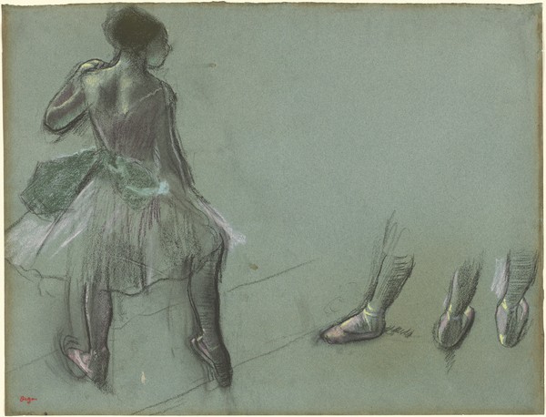 Edgar Degas, Dancer Seen from Behind and Three Studies of Feet, c.1878 (black chalk and pastel on blue-gray laid paper)
