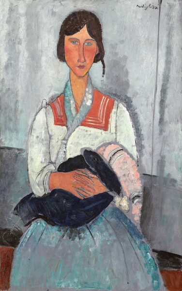 Amedeo Modigliani, Gypsy Woman with Baby, 1919 (oil on canvas) (Portrait,Zigeunerin, kind, Tracht, Folklore, Sitzende, Frau,  Expressionismus, klassische Moderne, Malerei, Wohnzimmer, Treppenhaus, Wunschgröße, bunt)