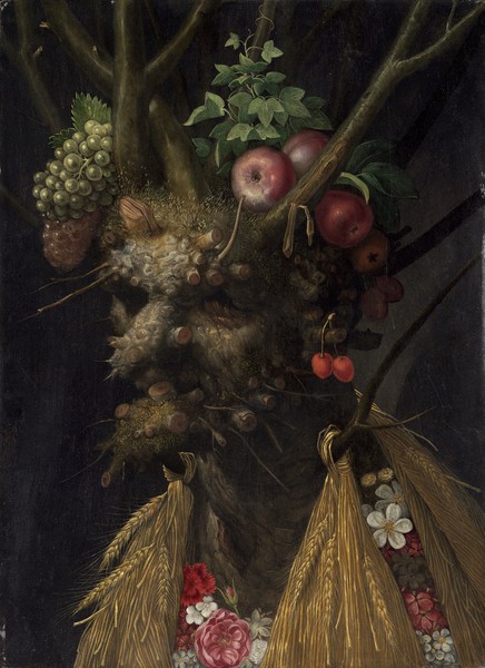 Giuseppe Arcimboldo, Four Seasons in the One Head, c.1590 (oil on panel) (Wunschgröße, Gesicht, Portrait, Früchte, Gemüse, Ähren, Geäst, Vier Jahreszeiten, Personifizierung, bizarr, Manierismus, Allegorie, Figurativ, Klassiker, Wohnzimmer, Esszimmer, bunt)