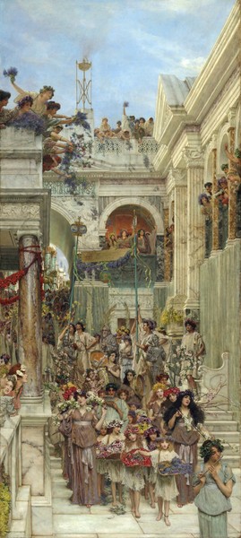 Lawrence Alma-Tadema, Spring, 1894 (oil on canvas) (Frühling, Frühlingsfest, Tempel, antikisierend, romantisierend,  Akademischer Realismus, Idylle, Malerei, Wunschgröße, Wohnzimmer, bunt)