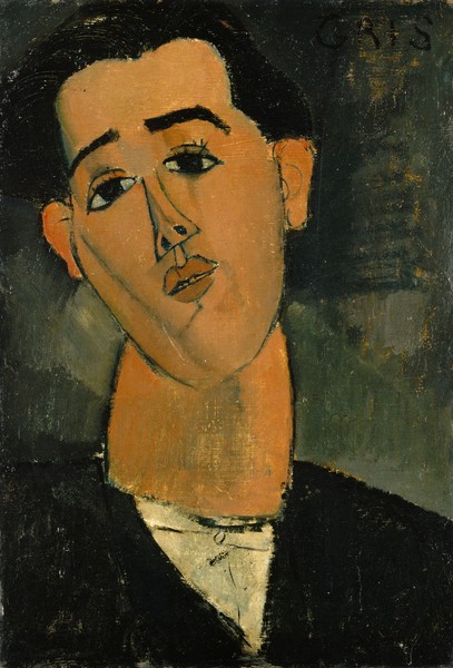 Amedeo Modigliani, Portrait of Juan Gris (1887-1927) 1915 (oil on canvas) (Portrait, junger Mann, sitzend, Künstlerportrait, Maler,  Expressionismus, klassische Moderne, Malerei, Wohnzimmer, Treppenhaus, Wunschgröße, bunt)