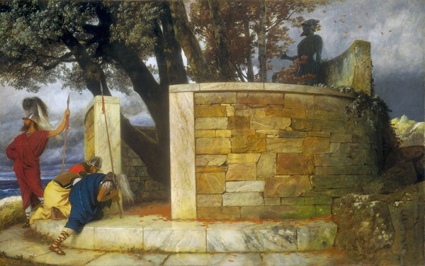 Arnold Bocklin, The Sanctuary of Hercules, 1884 (oil on wood) (Grabmal, Sanctuarium, Heiligtum, Herkules, Mythologie, huldigung, Verehrung,  Symbolismus, Wunschgröße, Klassiker, Wohnzimmer, bunt)