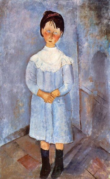 Amedeo Modigliani, Girl in Blue, 1918 (oil on canvas) (Portrait, Mädchen, Kind, Kleid, brav, Expressionismus, klassische Moderne, Malerei, Wohnzimmer, Treppenhaus, Wunschgröße, bunt)