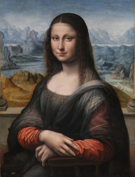 Leonardo da Vinci, Mona Lisa, 1503-19 (oil on panel) (Renaissance, Malerei, Portrait, La Gioconda, Frau, Kopf, Lächeln, Landschaft, Schlafzimmer, Wohnzimmer,  Klassiker, Wunschgröße, bunt)