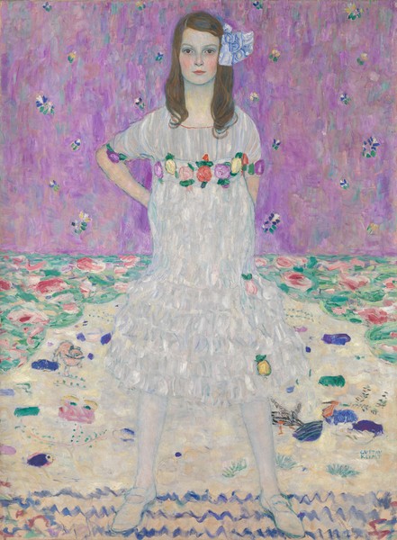 Gustav Klimt, Mada Primavesi (1903-2000), 1912-13 (oil on canvas) (Klassische Moderne, dekorativ, Jugendstil, Eros&People, Mädchen, Portrait, Blumen, bunt, Wohnzimmer, Treppenhaus, Schlafzimmer, Malerei, Wunschgröße)