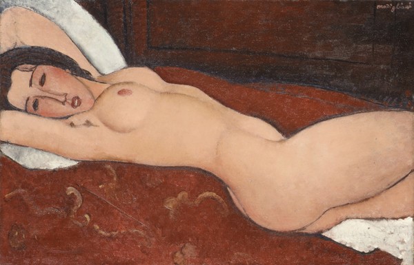 Amedeo Modigliani, Reclining Nude, 1917 (oil on canvas) (Akt, Aktmalerei, Liegende, lasziv, Frau,  Expressionismus, klassische Moderne, Malerei, Schlafzimmer, Wohnzimmer, Wunschgröße, bunt)