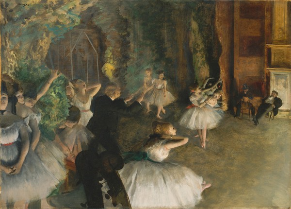 Edgar Degas, The Rehearsal of the Ballet on Stage, c.1874 (oil over pen and ink on paper) (Ballett, Tänzerinnen, Bühne, Probe, Tanzübungen, Tutu, Tüll, Impressionismus, Klassiker, Treppenhaus, Wohnzimmer, Schlafzimmer, bunt)