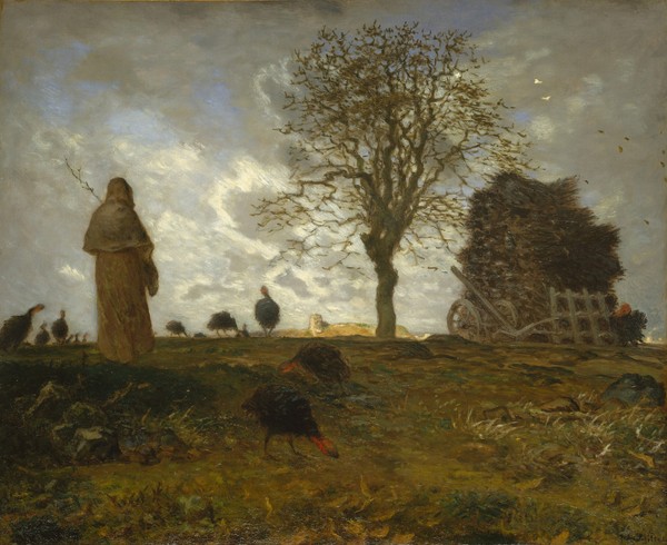Jean-Francois Millet, Autumn Landscape with a Flock of Turkeys, 1872-73 (oil on canvas) (Bauerngenre, Truthähne, Hirte, Hüten, Herbst, Einsamkeit, Landschaft, Realismus, Malerei, Wohnzimmer, Klassiker, Wunschgröße, bunt)