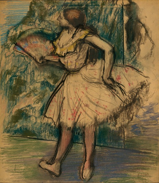 Edgar Degas, Dancer with a Fan, c.1890-95 (pastel and charcoal on buff-colored wove tracing paper) (Ballett, Tänzerin, Fächer, Opernfoyer, Tanzübungen, Tutu, Tüll, Impressionismus, Klassiker, Treppenhaus, Wohnzimmer, Schlafzimmer, bunt)