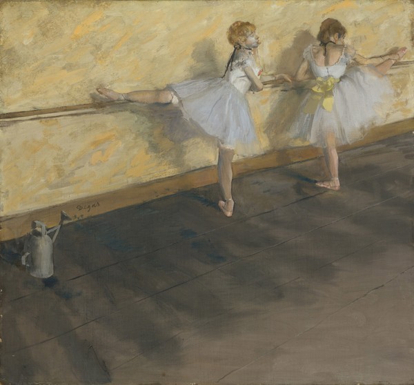 Edgar Degas, Dancers Practising at the Barre, 1877 (mixed media on canvas) (Ballett, Tänzerinnen, Opernfoyer, Tanzübungen, Tutu, Tüll, Impressionismus, Klassiker, Treppenhaus, Wohnzimmer, bunt)