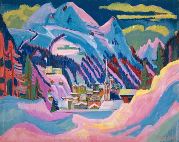 Ernst Ludwig Kirchner, Davos in Winter, 1923 (oil on canvas) (Landschaft, Winter, Alpen, Dorf, Davos, Schweiz, Berge, Expressionismus, Malerei, Klassische Moderne, Wohnzimmer, Treppenhaus, Wunschgröße, bunt)