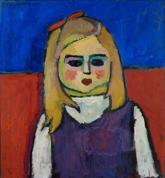 Alexej von Jawlensky, Child, c.1909 (oil on tempera on cardboard) (Klassische Moderne,  Expressionismus, Portrait, Mädchen, Kind, Haarschleife, Malerei,  Wohnzimmer, Treppenhaus, Wunschgröße, bunt)