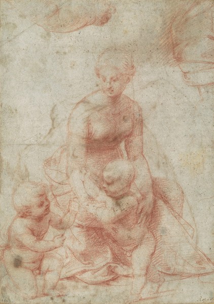 Raphael, Madonna and Child with the Infant Saint John the Baptist, c.1506-7 (red chalk) (Madonna, Kinder, Jesus, Johannes, Religion, christlich, Renaissance, Rötel, Skizze, Zeichnung, Klassiker, Wunschgröße, Wohnzimmer,)