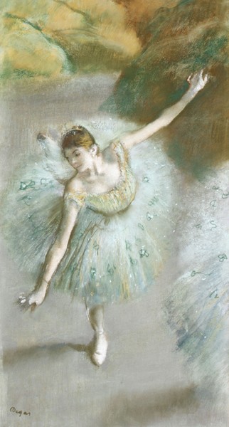 Edgar Degas, Dancer in Green, c.1883 (pastel on paper) (Ballett, Tänzerinnen, Opernfoyer, Ballerina, Tutu, Tüll, Impressionismus, Malerei, Klassiker, Treppenhaus, Wohnzimmer, bunt)