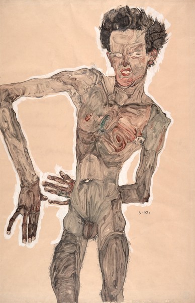Egon Schiele, Nude self portrait, grimacing, 1910 (mixed media) (Malerei, Expressionismus, Mann, Akt, nackt, Selbstbildnis, Selbstportrait, Grimasse, Wunschgröße,  Klassische Moderne, Wohnzimmer, bunt)