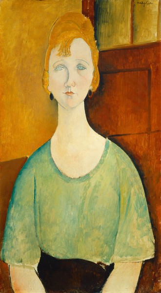 Amedeo Modigliani, Girl in a Green Blouse, 1917 (oil on canvas) (Portrait, Gesicht, Sitzende, Frau, grüne Bluse, Expressionismus, klassische Moderne, Malerei, Wohnzimmer, Treppenhaus, Wunschgröße, bunt)