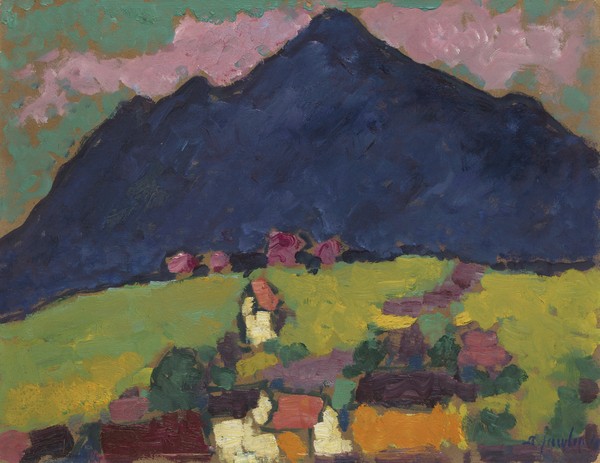 Alexej von Jawlensky, Murnau, 1910 (oil on hardboard) (Klassische Moderne,  Expressionismus, Landschaft, Berg, Bayern, Murnau, Dorf,  Malerei, Wohnzimmer, Treppenhaus, Wunschgröße, bunt)