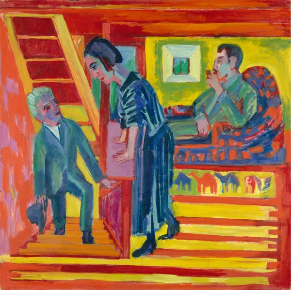 Ernst Ludwig Kirchner, The Visit - Couple and Newcomer, 1922 (oil on canvas) (Besuch, Treppe, Aufgang, Frau, Empfang, Expressionismus, Die Brücke,Klassische Moderne, Malerei, Wohnzimmer, Treppenhaus, Wunschgröße, bunt)