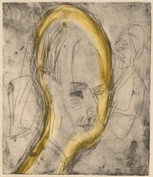 Ernst Ludwig Kirchner, Head of Dr. Bauer, 1921 (etching and drypoint printed in black with yellow monotype wiping)