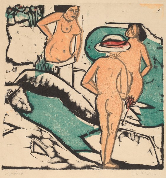Ernst Ludwig Kirchner, Women Bathing Between White Stones, 1912 (color woodcut printed in black, green, orange and red)