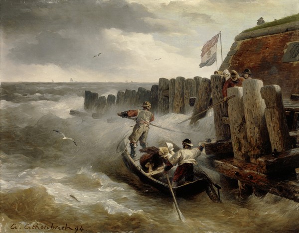 Andreas Achenbach, Seascape, 1894 (oil on wood) (Seestück, Meer, Wellen, Ruderboot, Unwetter, stürmisch, Küste, Meeresbrise, Malerei, Wunschgröße, Wohnzimmer, bunt)
