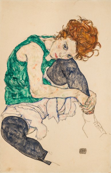 Egon Schiele, Seated Woman with Bent Knees, 1917 (gouache on paper) (Malerei, Frau, nachdenklich, melancholisch, lasziv, Klassische Moderne, People & Eros, Expressionismus, Wohnzimmer, Schlafzimmer, Wunschgröße, bunt)
