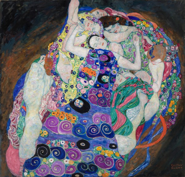 Gustav Klimt, Virgin, 1913 (oil on canvas) (Klassische Moderne,dekorativ, Jugendstil, Eros&People, Frauen,  Umarmung, Erotik, Ornamente, geometrische Formen, Wohnzimmer, Treppenhaus,  Malerei, Wunschgröße, bunt)