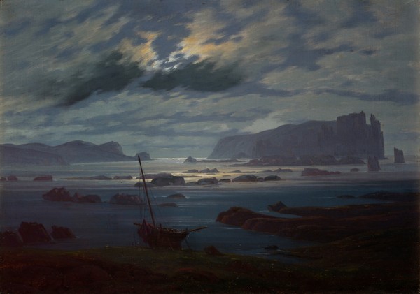 Caspar David Friedrich, The Northern Sea in Moonlight, 1823-24 (oil on canvas) (Meer, Boot, Segelboot, Felsen, Nachtszene, Mondlicht, Meeresbrise, Romantik, Malerei, Klassiker, Wohnzimmer, Wunschgröße, bunt)